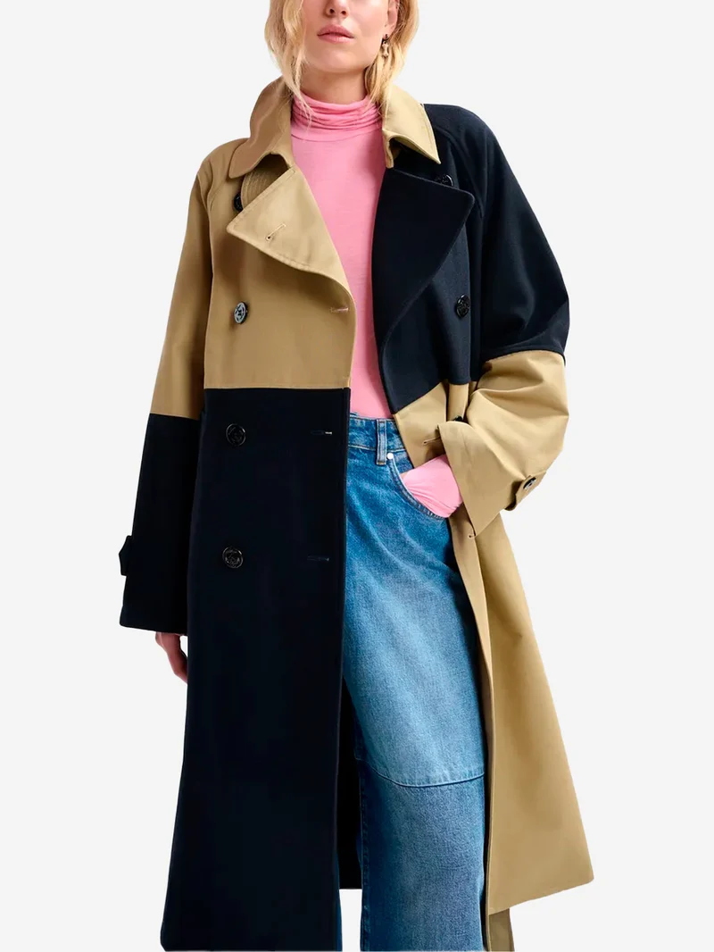 Trench doppiopetto in color block beige e blu navy