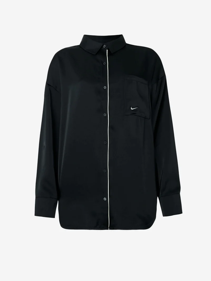 Camicia oversize satinata nera con piping