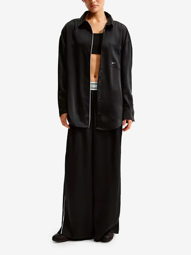 Camicia oversize satinata nera con piping
