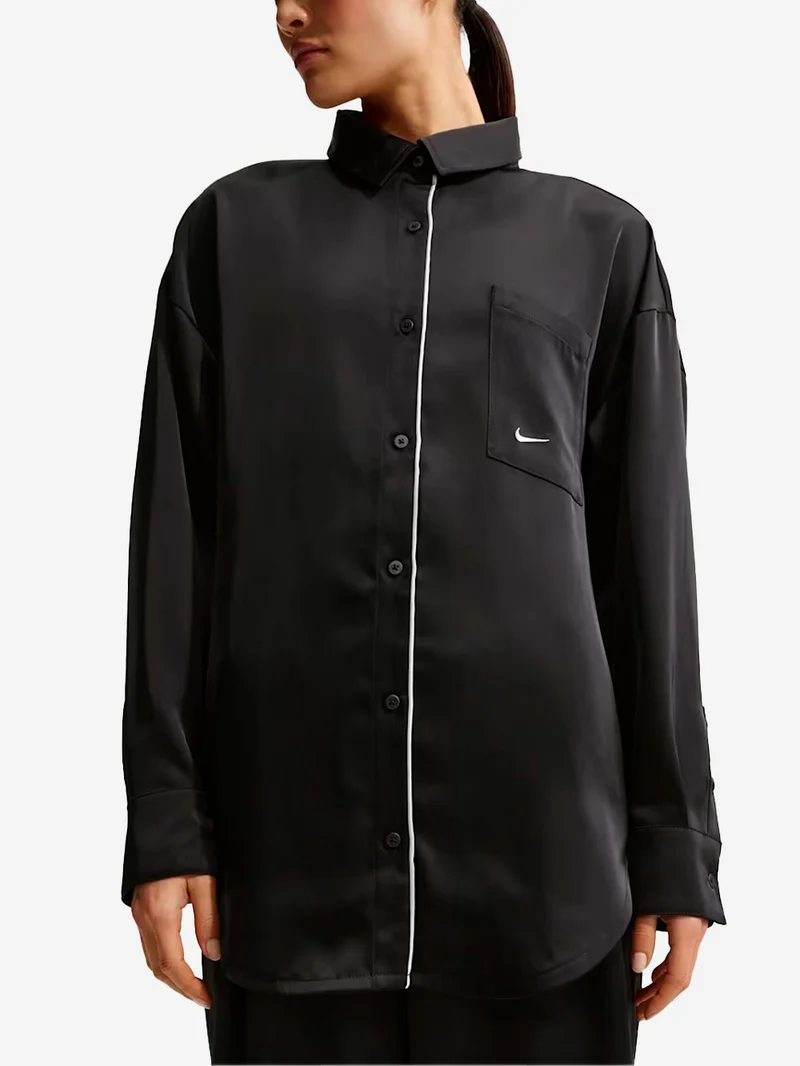 Camicia oversize satinata nera con piping