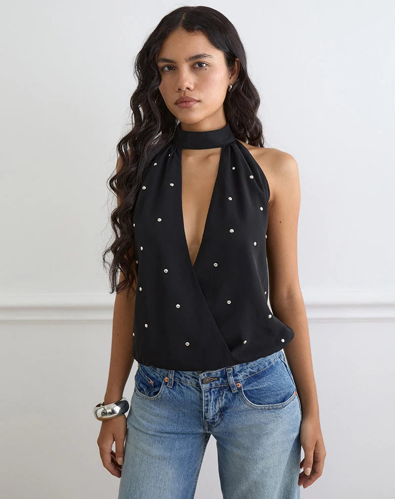 Bajo Halter-Bubble-Top aus schwarzem Chiffon mit Nieten