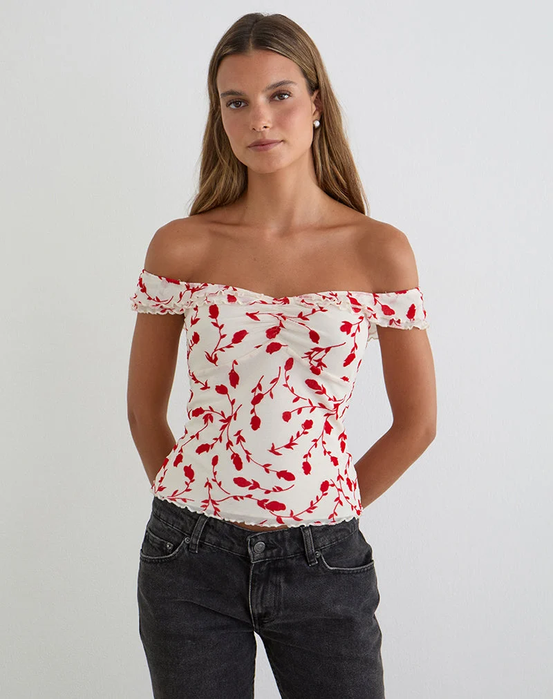 Switi Bardot-Top in Creme mit rotem Lilienblatt-Flockdruck