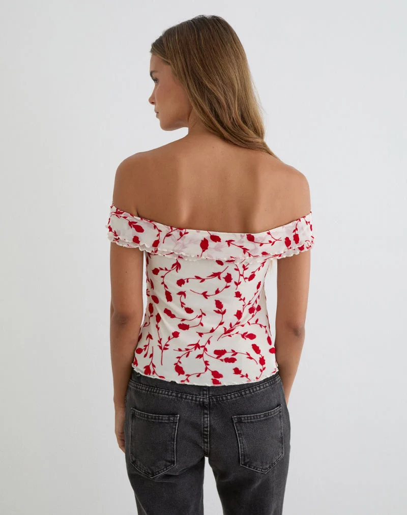 Switi Bardot-Top in Creme mit rotem Lilienblatt-Flockdruck