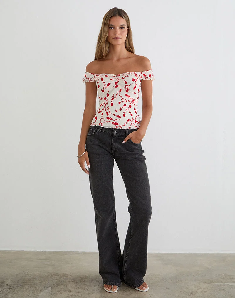 Switi Bardot-Top in Creme mit rotem Lilienblatt-Flockdruck