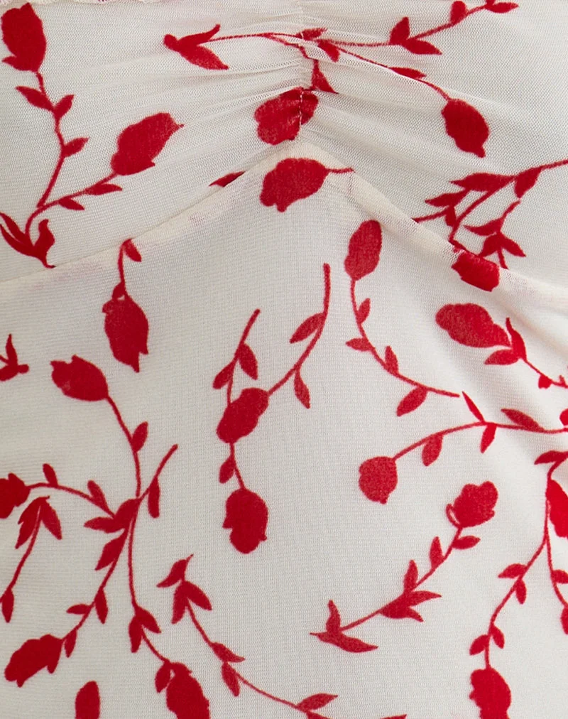 Switi Bardot-Top in Creme mit rotem Lilienblatt-Flockdruck