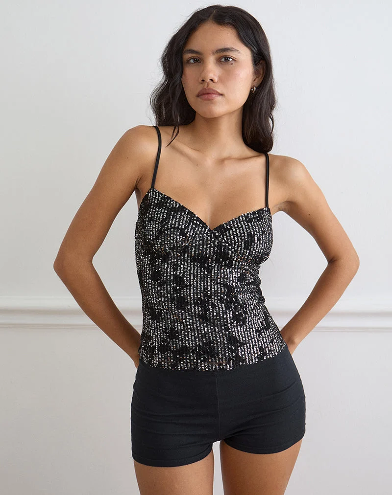 Mulya Cami-Top in Schwarz mit Blumenmuster aus Pailletten