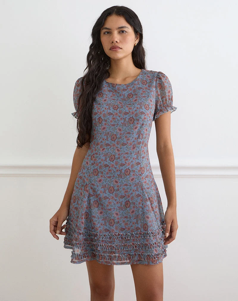 Koharu-Minikleid aus Chiffon in der Farbe „Shadow Blossom Blue“
