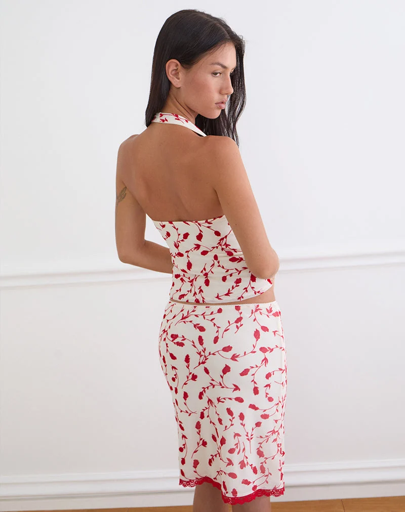 Corsita-Top in Creme mit rotem Lilienmuster