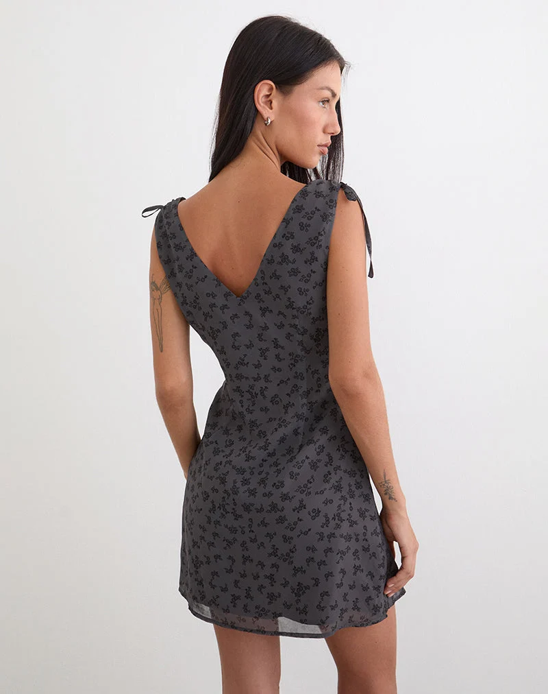 Carmila Mini-Kleid mit Raffungen und minimalistischem Blumenmuster in Dunkelgrau