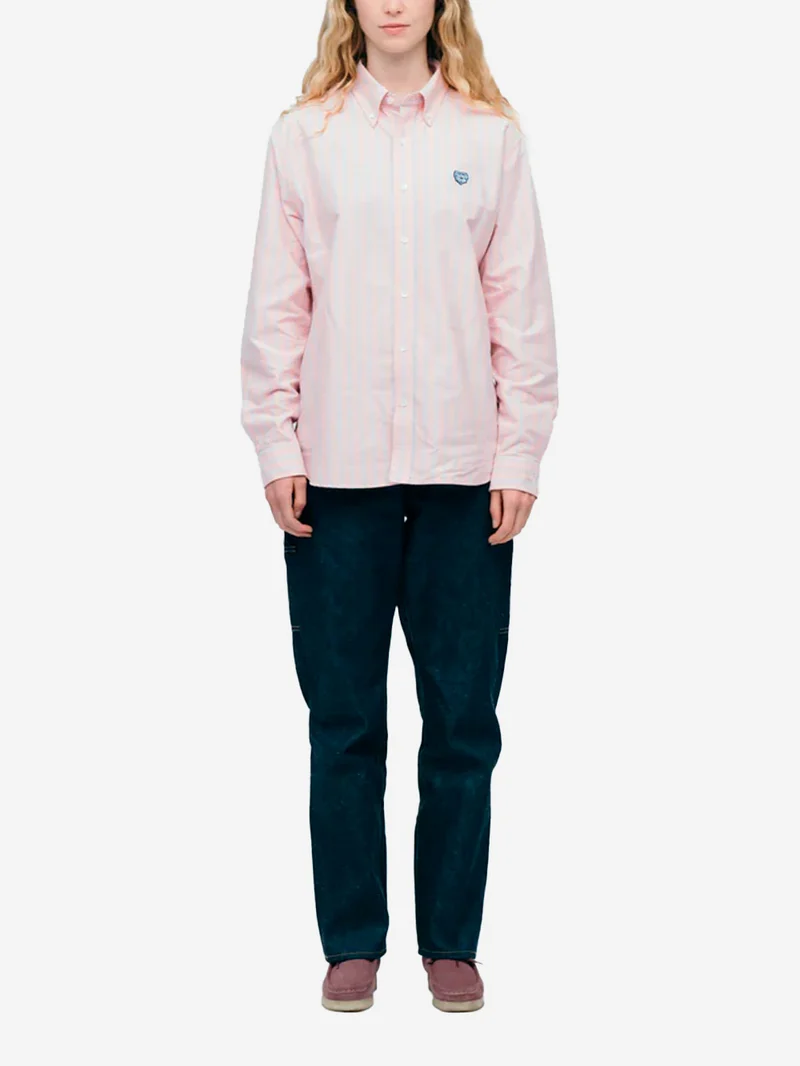 Camicia Oxford a righe rosa con patch cuore