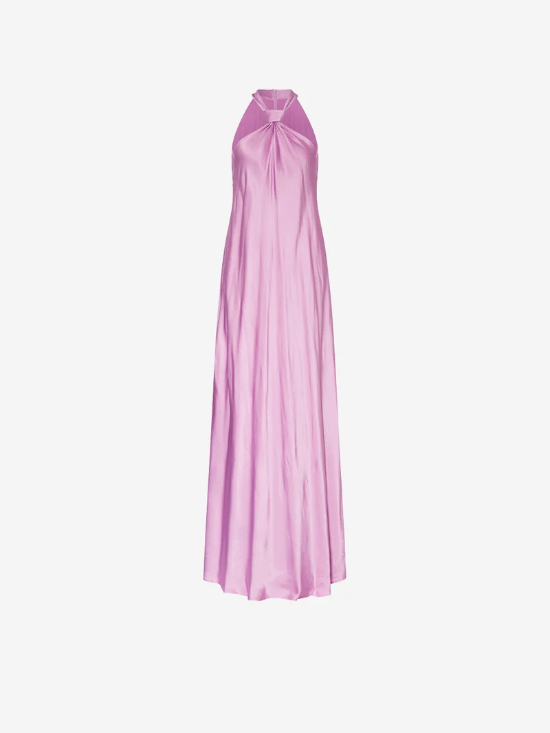 Maxi abito rosa con scollo all'americana e nodo