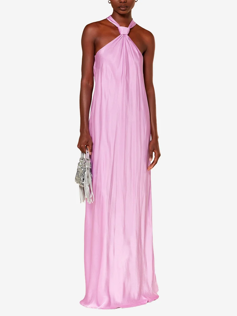 Maxi abito rosa con scollo all'americana e nodo