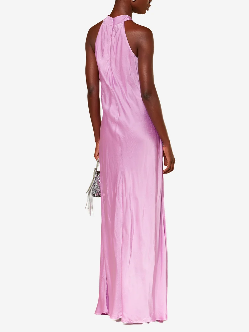 Maxi abito rosa con scollo all'americana e nodo