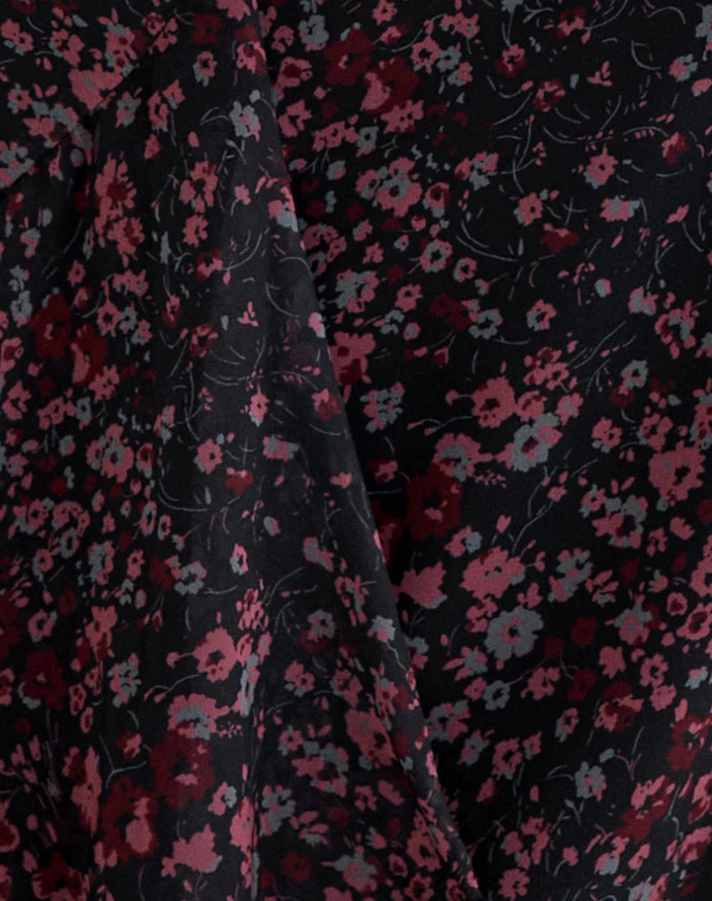 Naru Minirock aus Chiffon mit verstreuten Blumenmustern in Schwarz und Rot