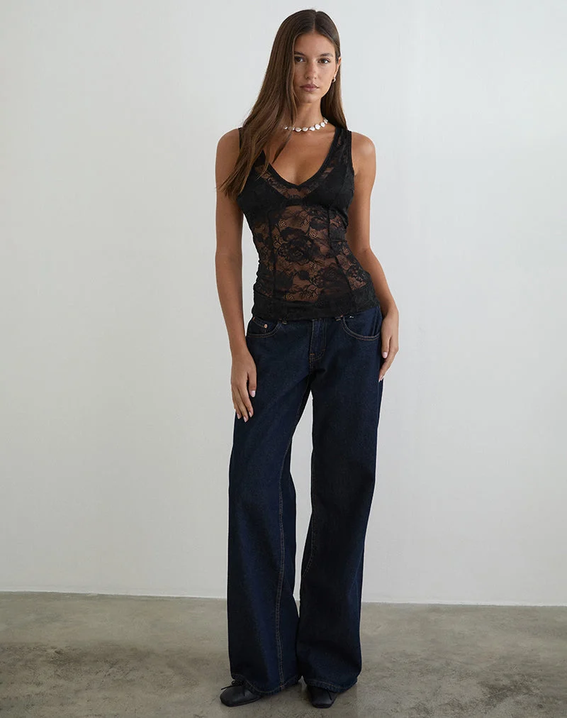 Yoren Top in Schwarz mit Picot-Spitzenbesatz