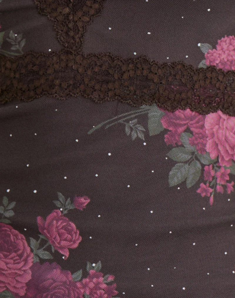 Yudo Top in Braun mit rosa Polka-Dots und Rosenprint