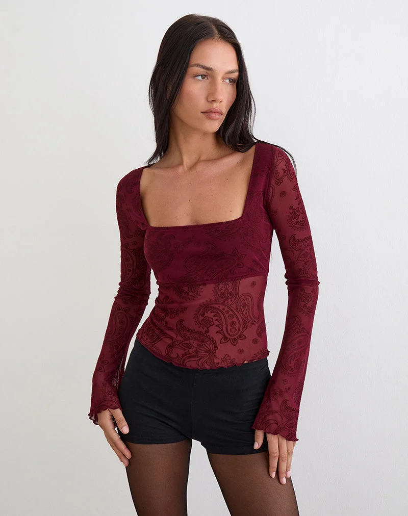 Nafre Top in Flock Compact Paisley Weinrot