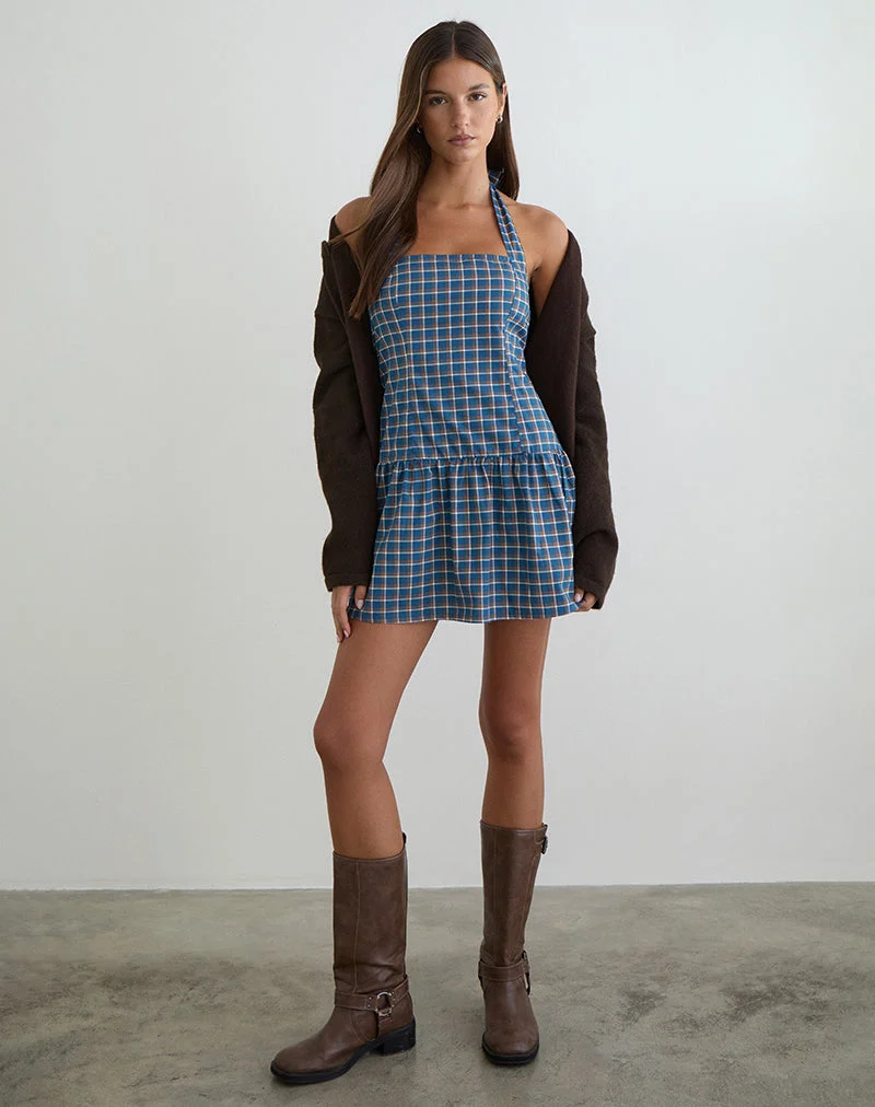Panja Mini-Halterneck-Kleid in mittelblauem Tartan