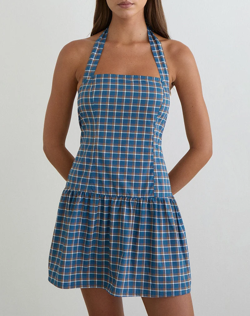 Panja Mini-Halterneck-Kleid in mittelblauem Tartan
