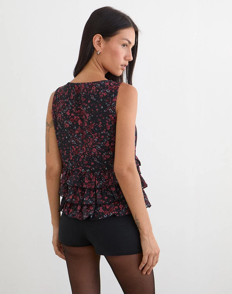 Gendhis Weste aus Chiffon mit verstreuten Blumenmustern in Schwarz und Rot