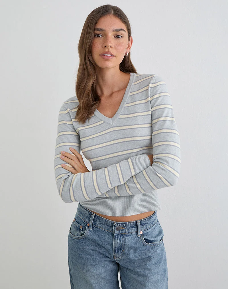 Yasra Pullover aus gestreiftem Strick in Creme und Grau