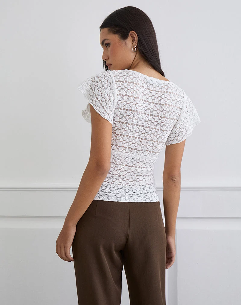 Yeslin V-Ausschnitt-Bluse mit Knöpfen aus weißer Spitze