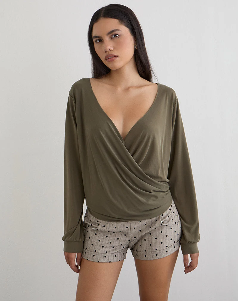 Tricia Plunge Drape Top aus Cupro in Khaki