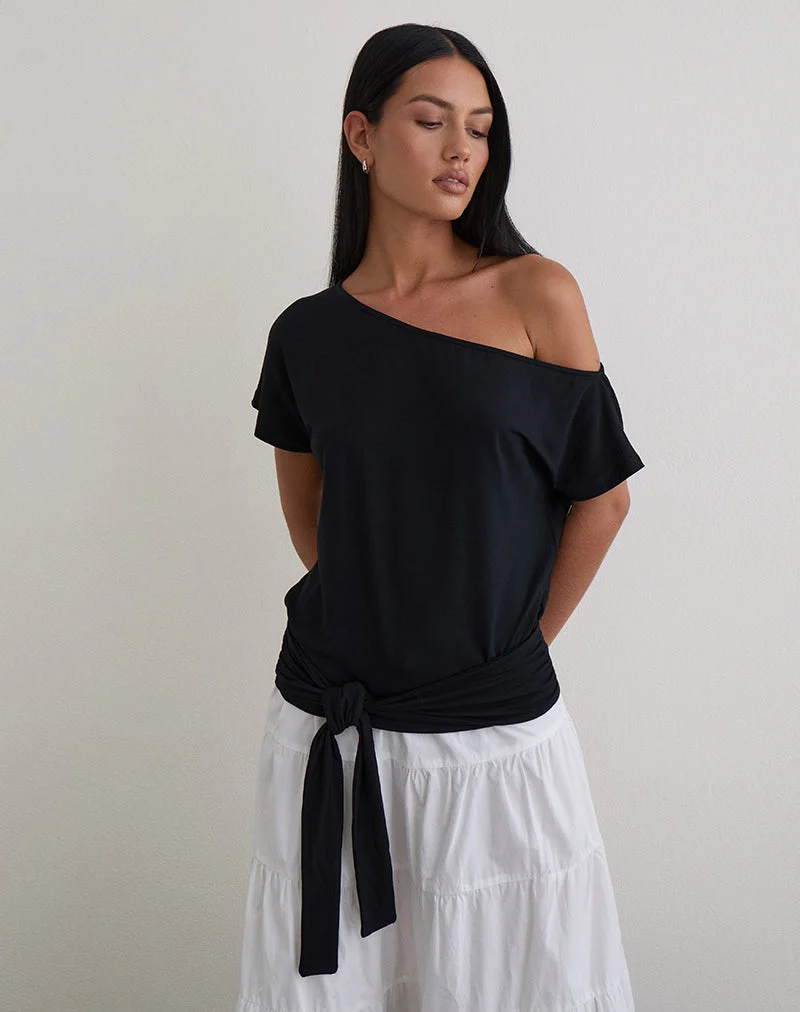 Lola Top mit Bindegürtel aus Rayon-Jersey, schwarz