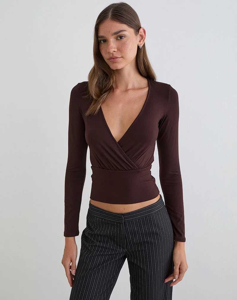 Sheon Langarm-Oberteil aus Rayon-Jersey in Bitter Chocolate
