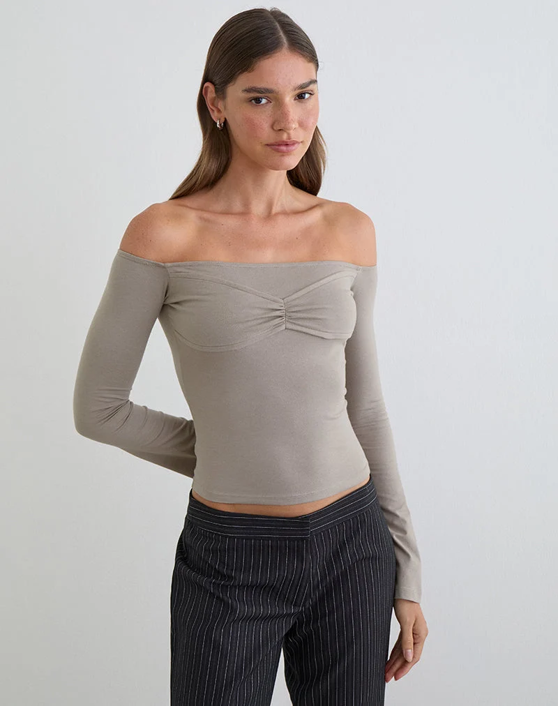 Ursuly Langarm-Bardot-Top in Moon Rock
