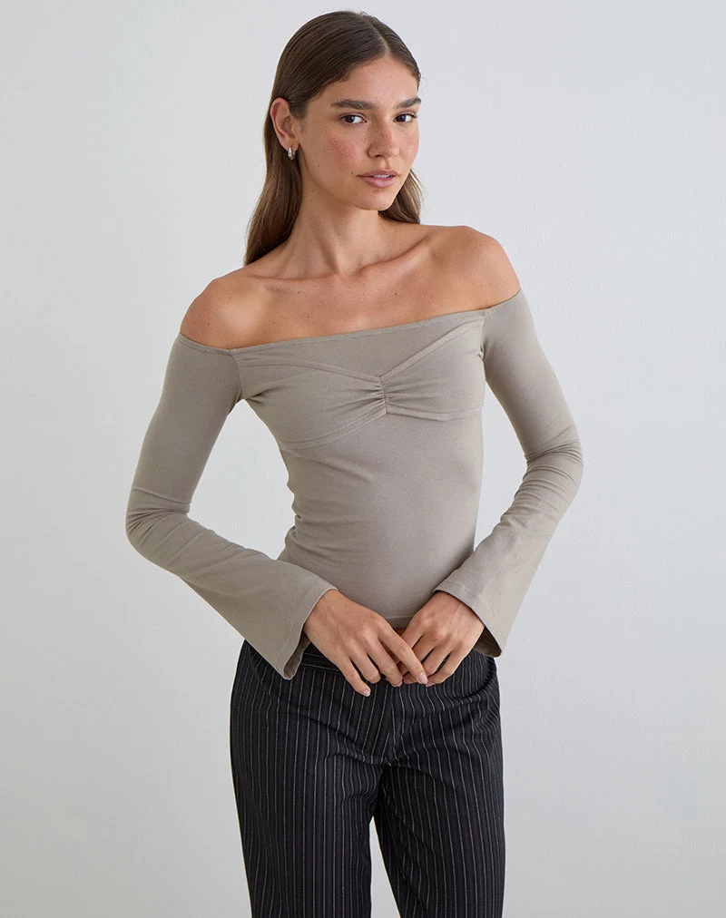 Ursuly Langarm-Bardot-Top in Moon Rock