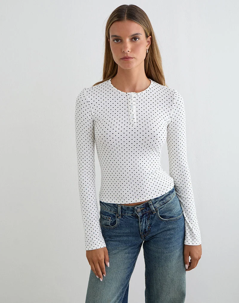 Delano Top in Weiß mit schwarzem Mikro-Polka-Print