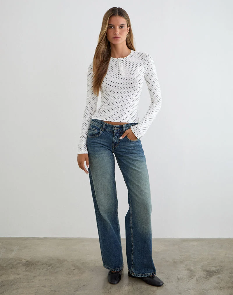 Delano Top in Weiß mit schwarzem Mikro-Polka-Print