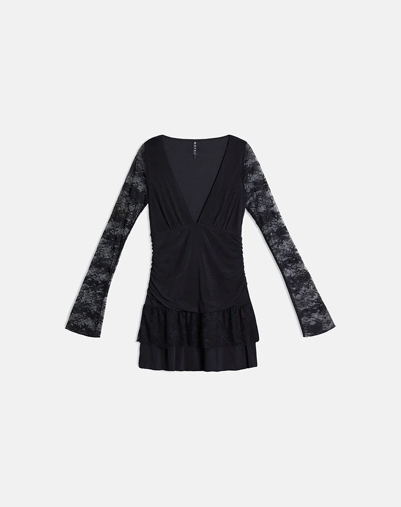 Mishal Langarm-Minikleid mit tiefem Ausschnitt aus schwarzer Spitze