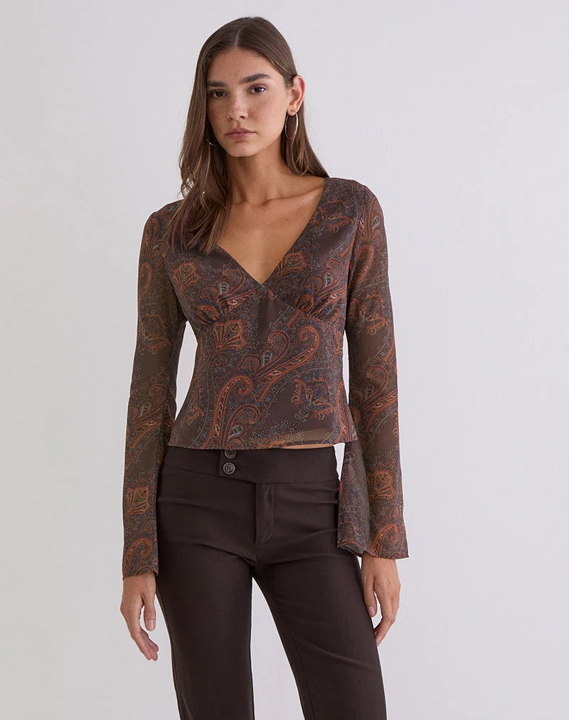 Karilo Langarm-Oberteil aus Chiffon in Royal Paisley Burgundy
