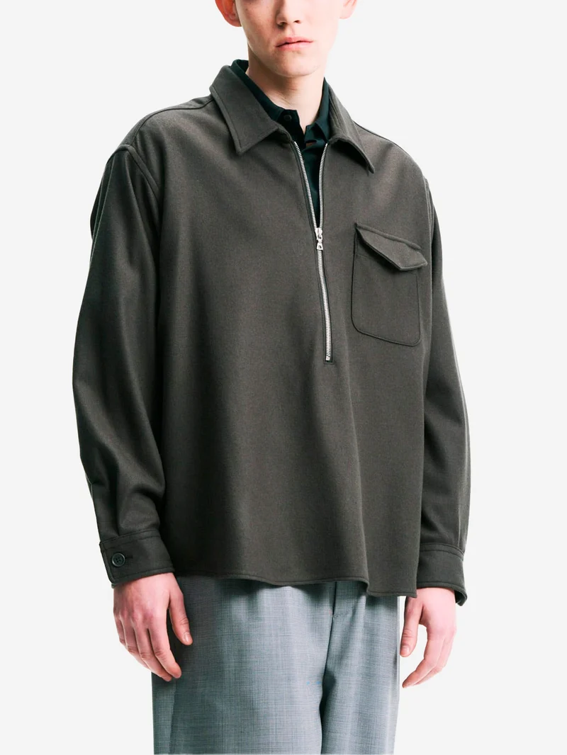Camicia grigia in lana Melton leggera con mezza zip