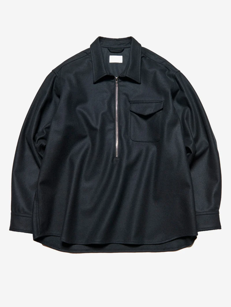 Camicia nera in lana Melton leggera con mezza zip