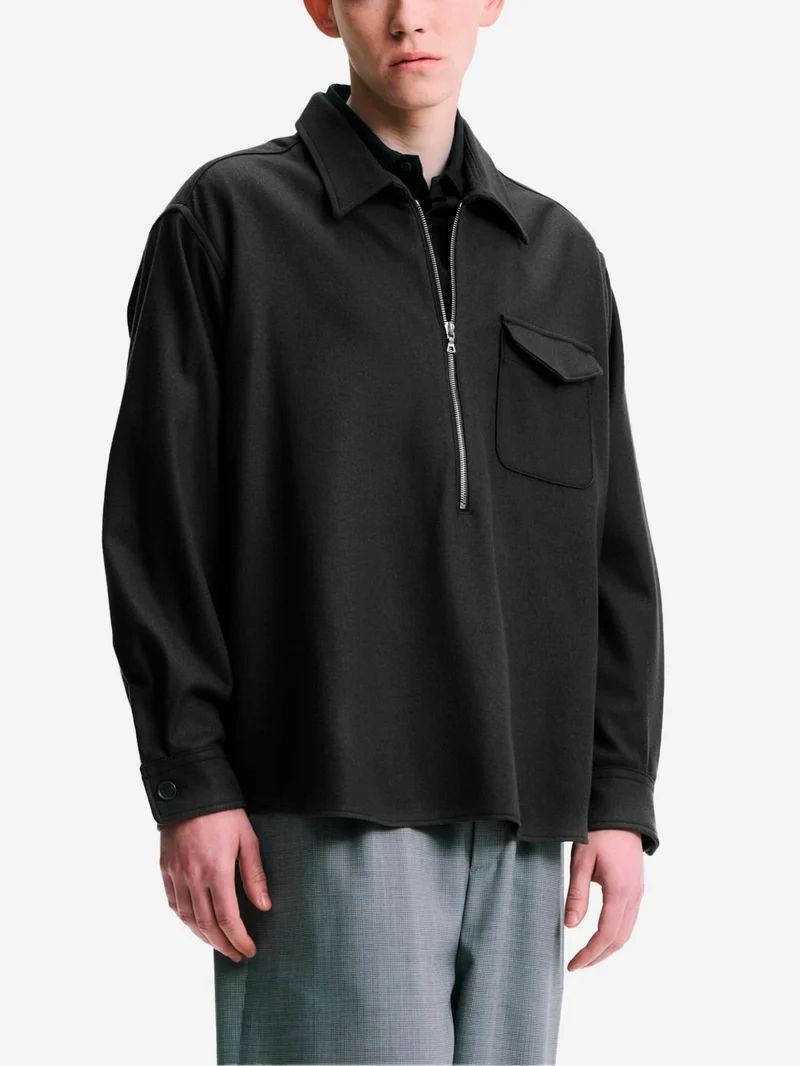 Camicia nera in lana Melton leggera con mezza zip