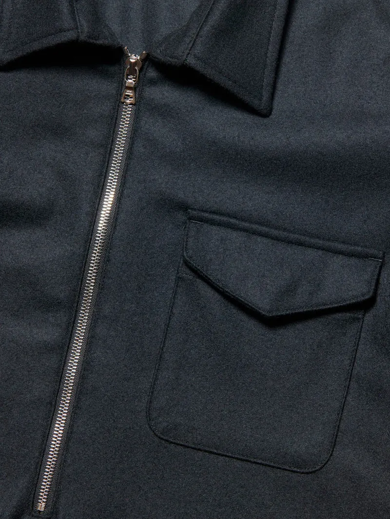 Camicia nera in lana Melton leggera con mezza zip