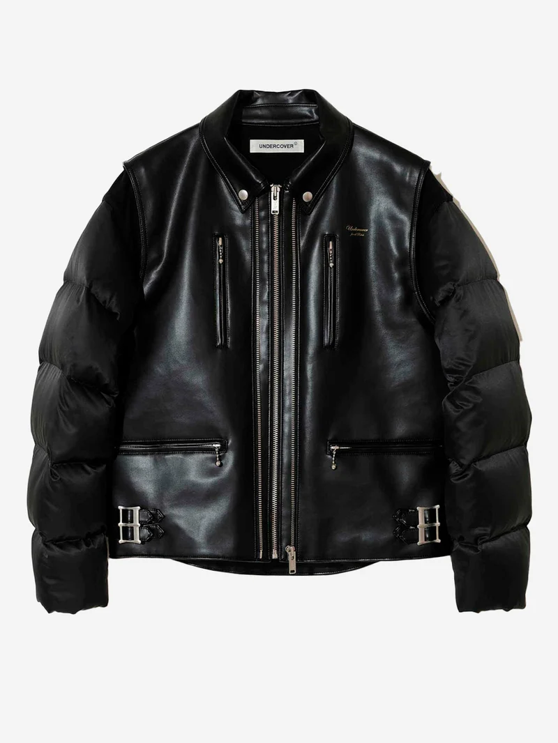 Giacca biker in pelle sintetica con maniche imbottite in piuma