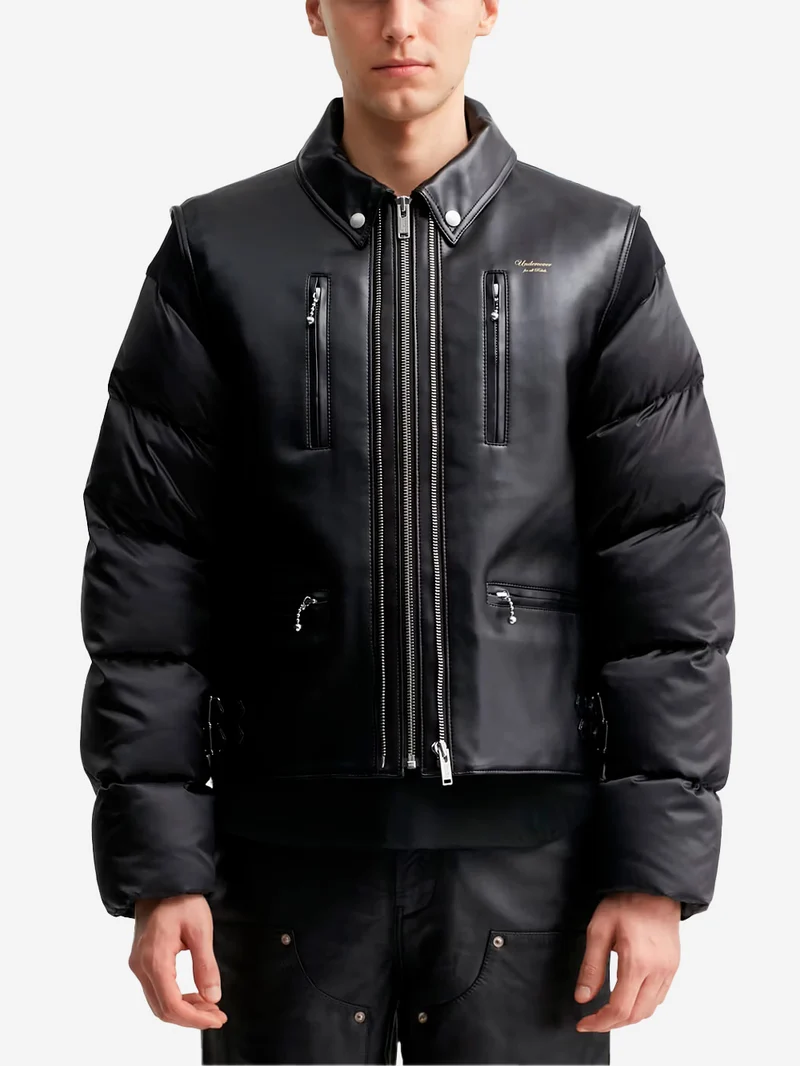 Giacca biker in pelle sintetica con maniche imbottite in piuma