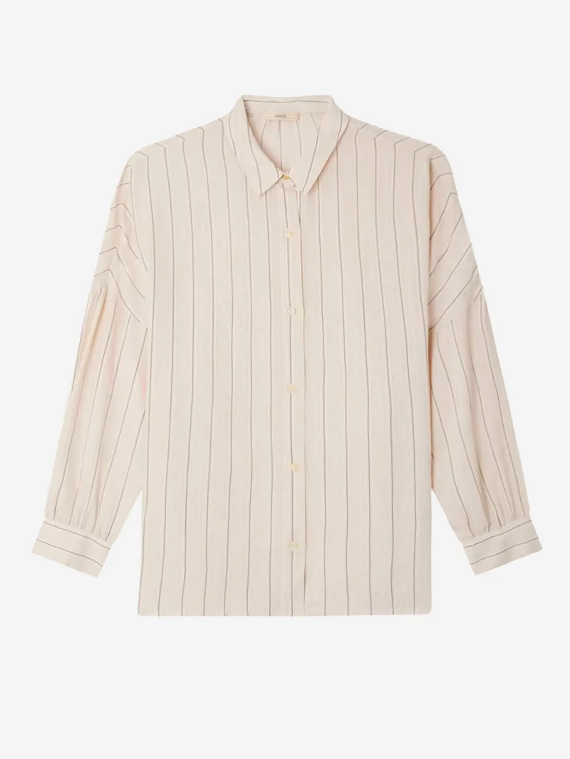 Camicia a righe nere in viscosa con arricciature e bottone gioiello