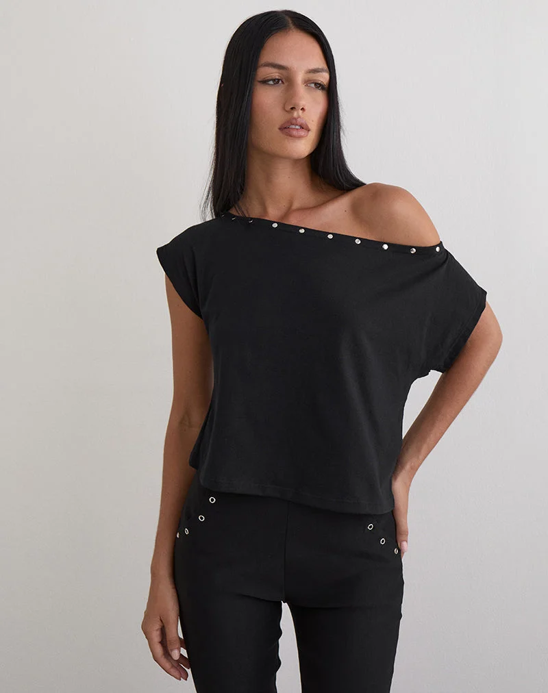 Bizzy Top aus schwarzem Jersey mit Nieten