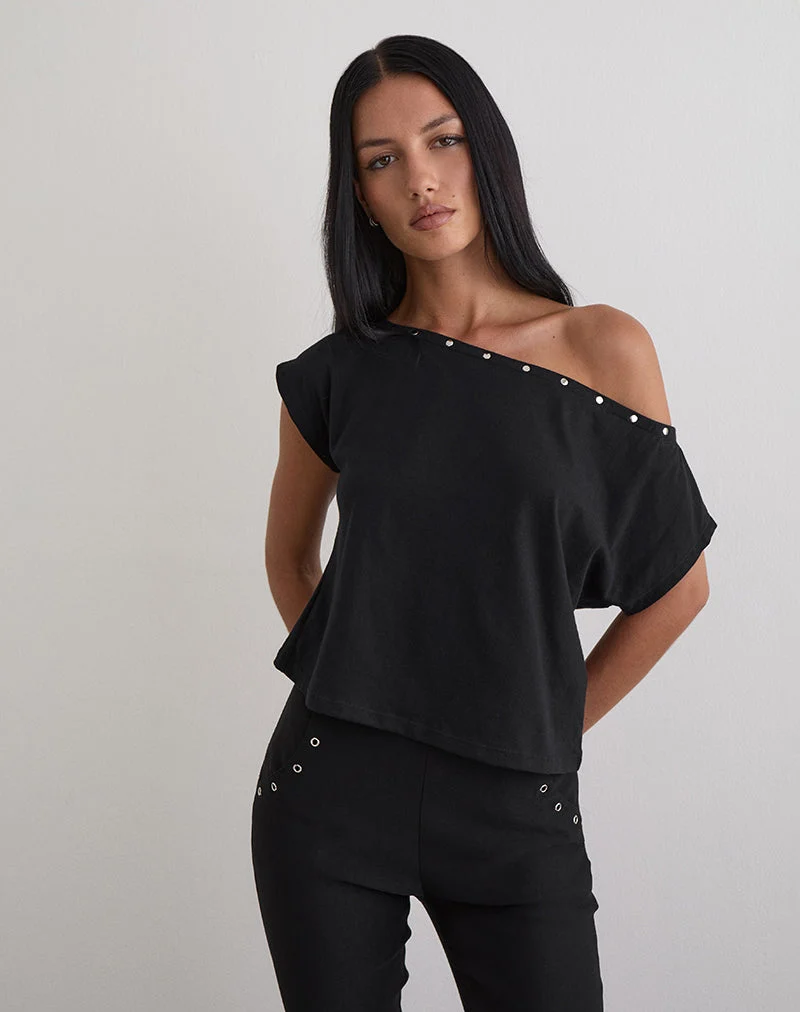 Bizzy Top aus schwarzem Jersey mit Nieten
