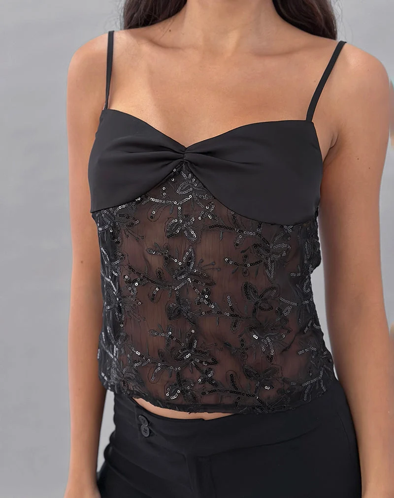 Rikasu Top aus floralem Chiffon mit Pailletten Schwarz