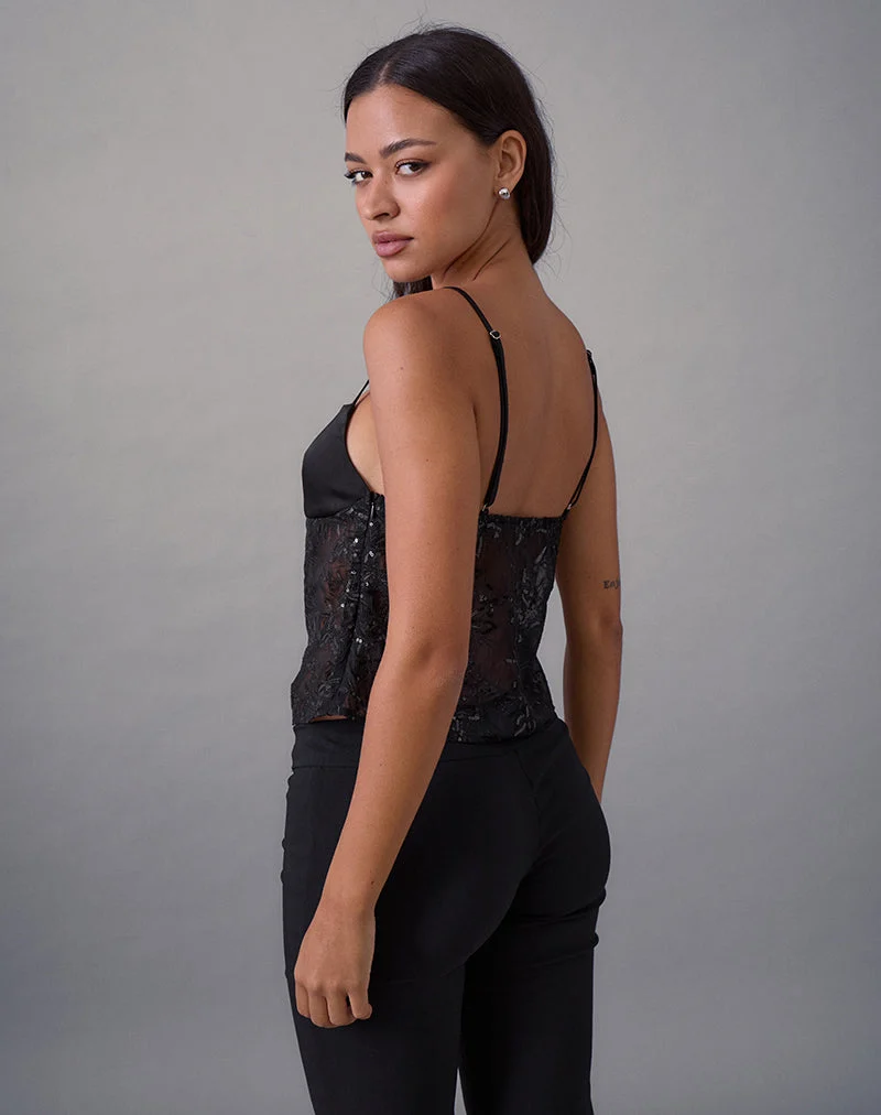 Rikasu Top aus floralem Chiffon mit Pailletten Schwarz
