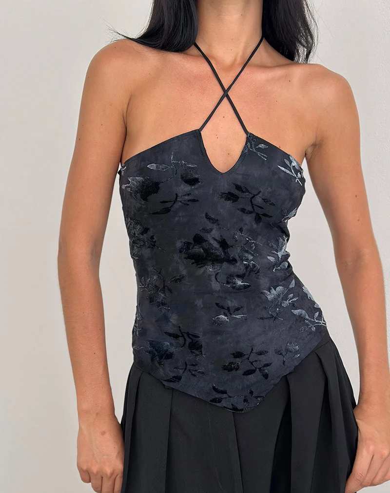 Daiki Neckholder-Top aus Blattsamt Dunkelblau