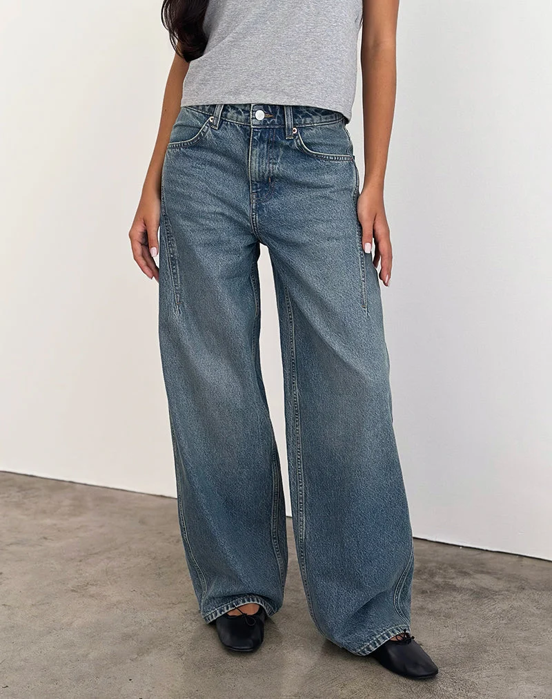 Niedrig geschnittene, geräumige Jeans in Vintage Blau Grün