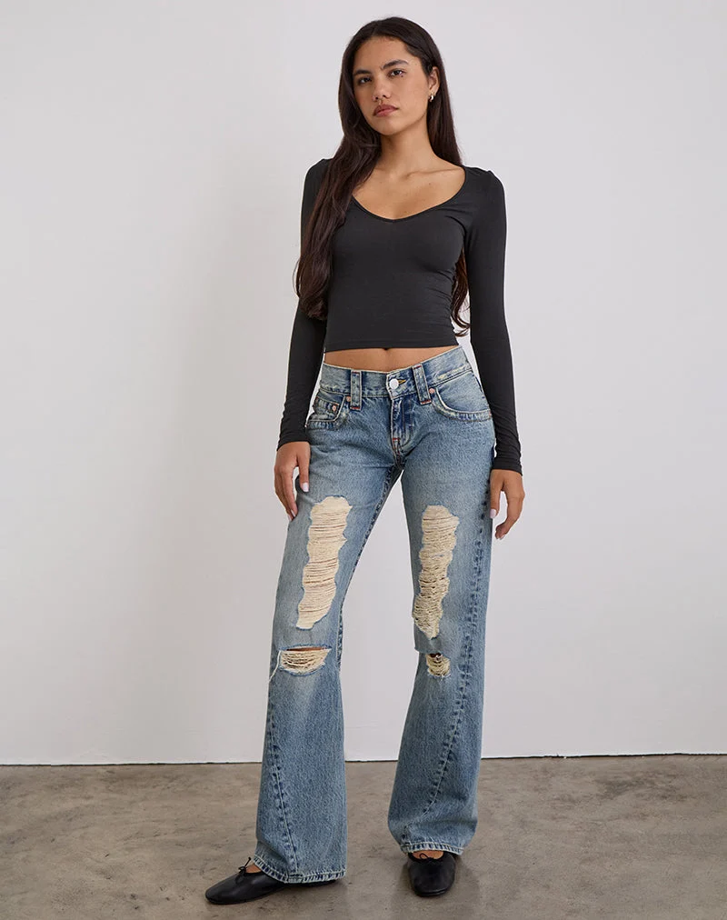 Zerrissene Jeans mit niedrigem Schritt und verdrehter Naht in True Blue