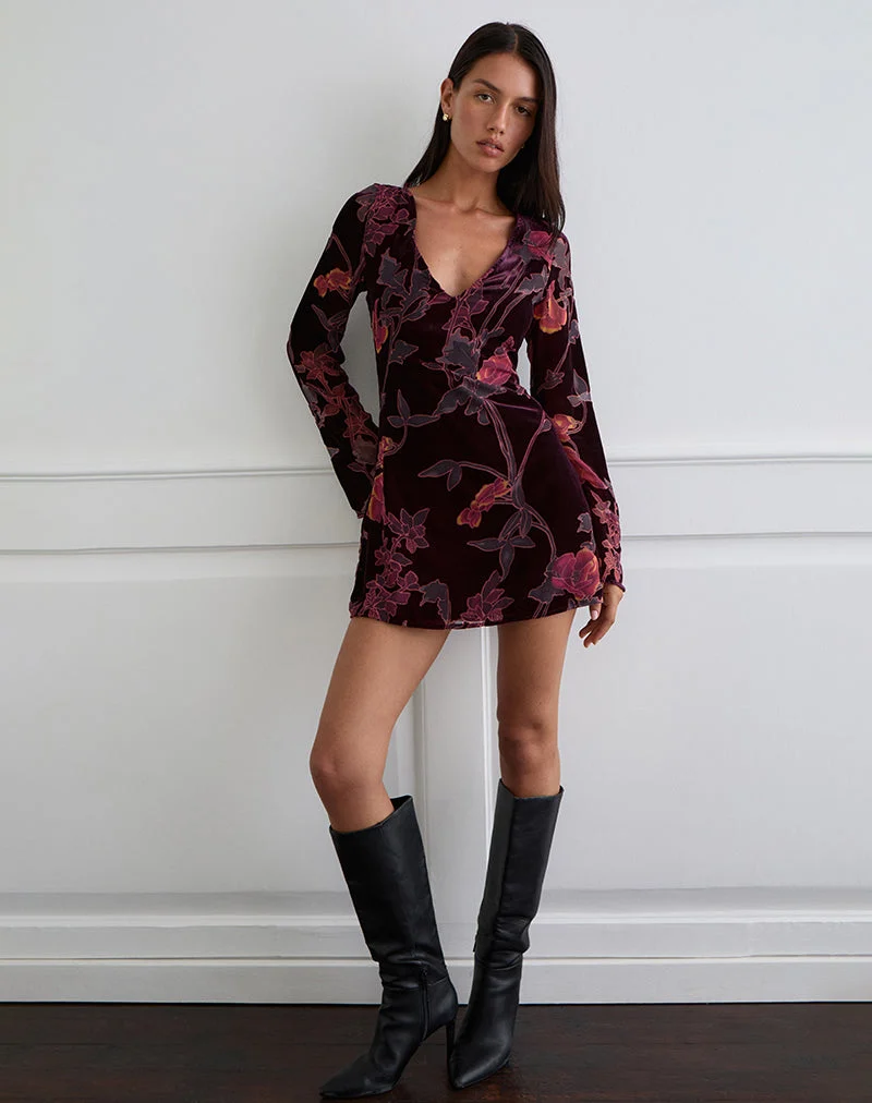 Alitra Minikleid in Floral Devore Burgundy